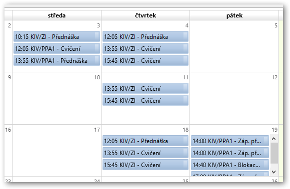 Ukázka IS/STAG kalendáře vyučujícího v kalendářové aplikaci
