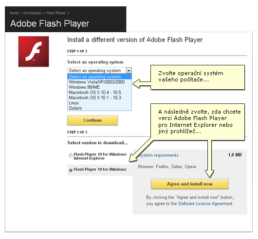 Instalační stránka firmy Adobe