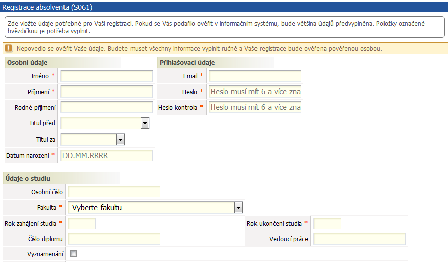 Absolvent - část registračního formuláře