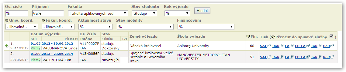 Vyhledání výjezdů