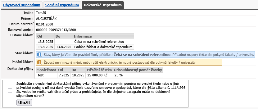 Ilustrační obrázek — záložka doktorské stipendium, text k odsouhlasení doktorandem plus tabulka doktoransdkých příjmů.