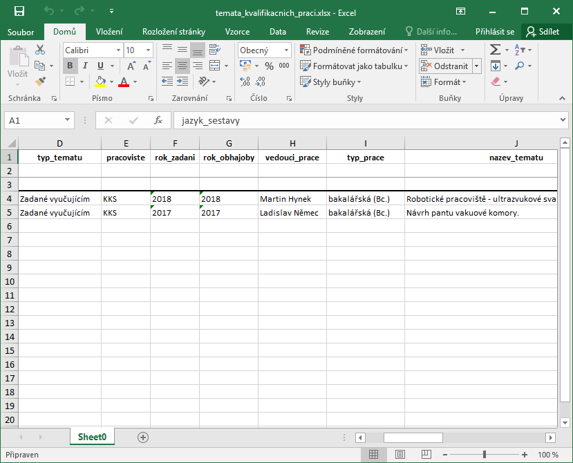 Zobrazení vyexportovaných témat v Excelu