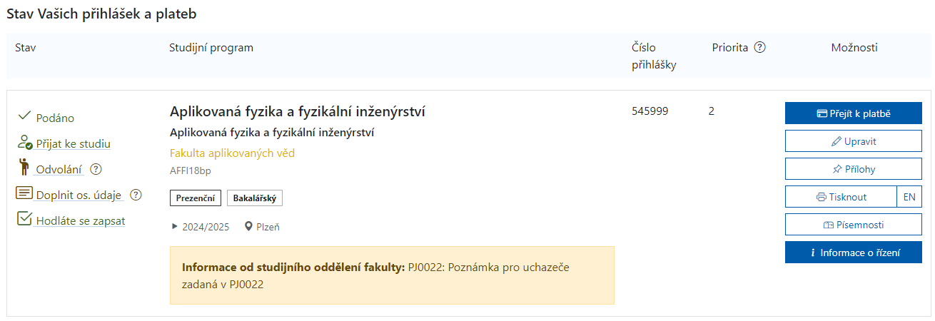 Přehledová obrazovka - podané příhlášky