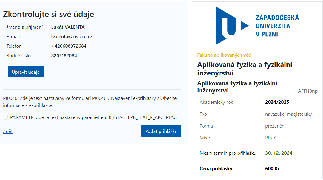 Shrnutí před podáním přihlášky