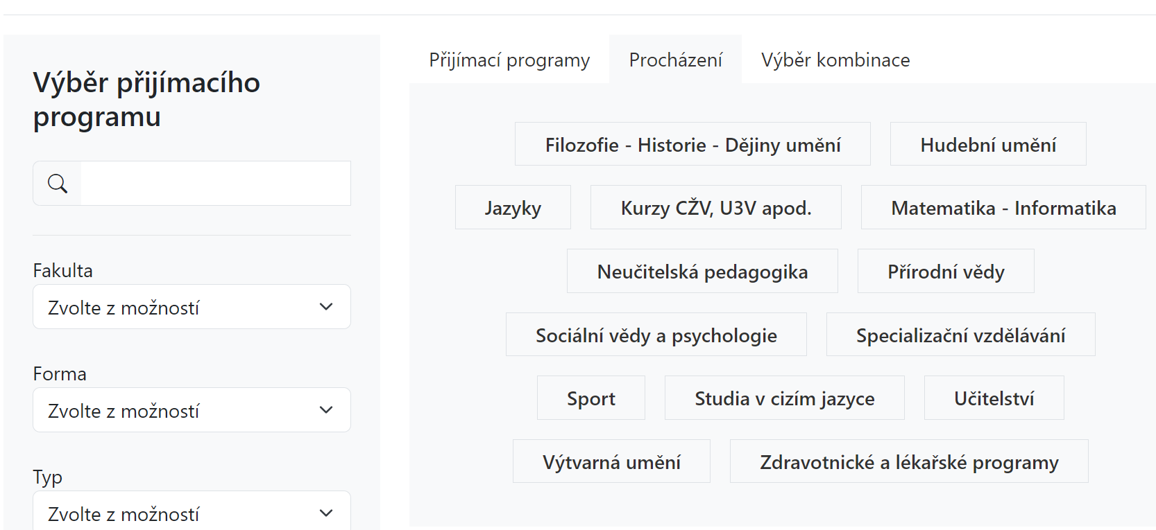 Procházení nadefinovaného stromu přijímacích programů